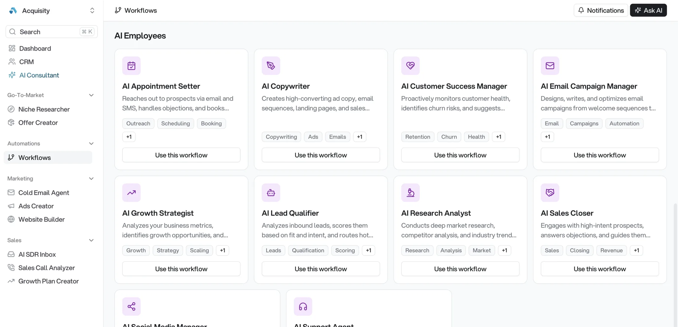 Acquisity AI Employees dashboard showing coordinated AI agents for research, outreach, and scheduling