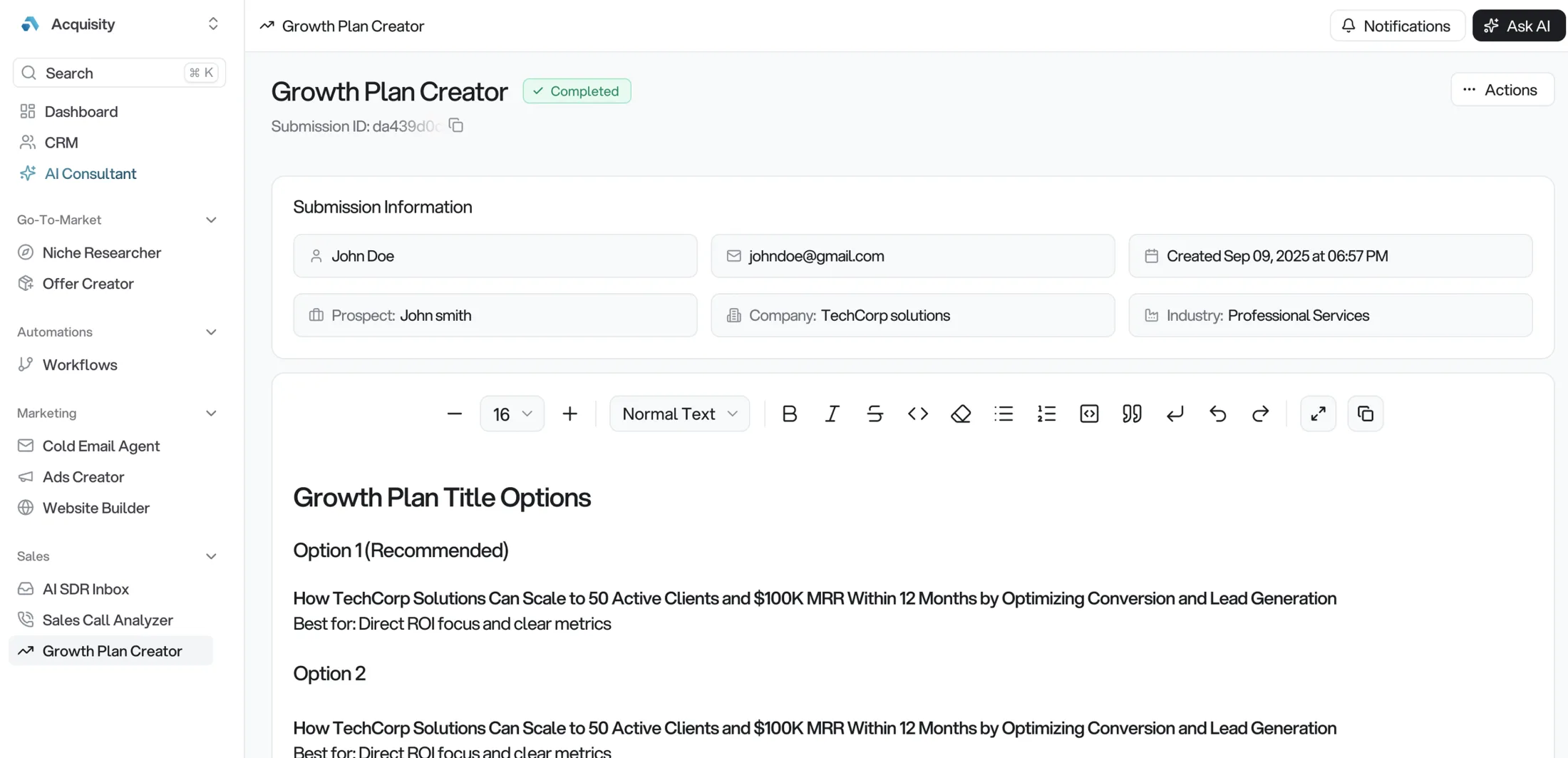 Acquisity AI Proposal Maker creating structured proposals with deal details and pricing