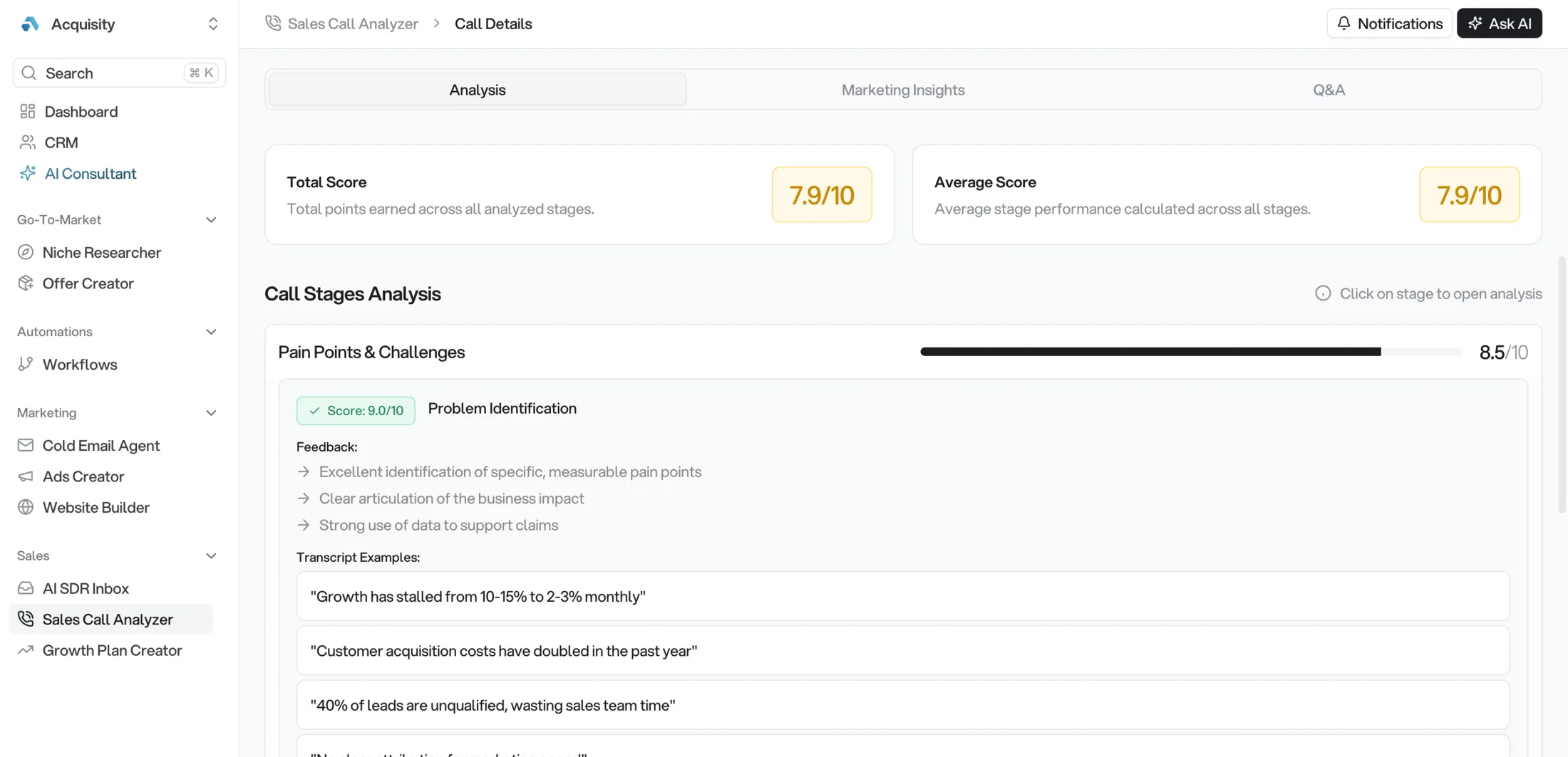 Acquisity AI Sales Call Analyzer showing live transcript, call progress scoring, and feedback
