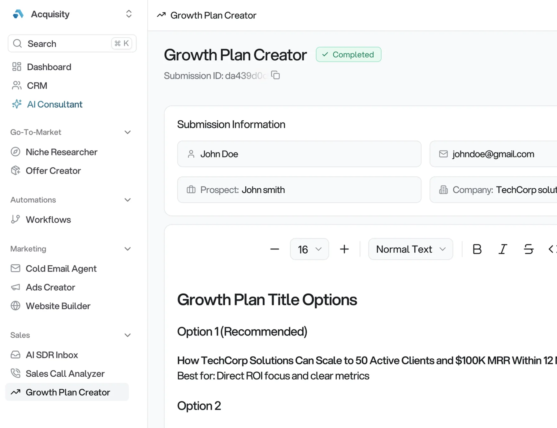 Acquisity AI Proposal Maker showing Growth Plan Creator with submission info, prospect details, and proposal title options