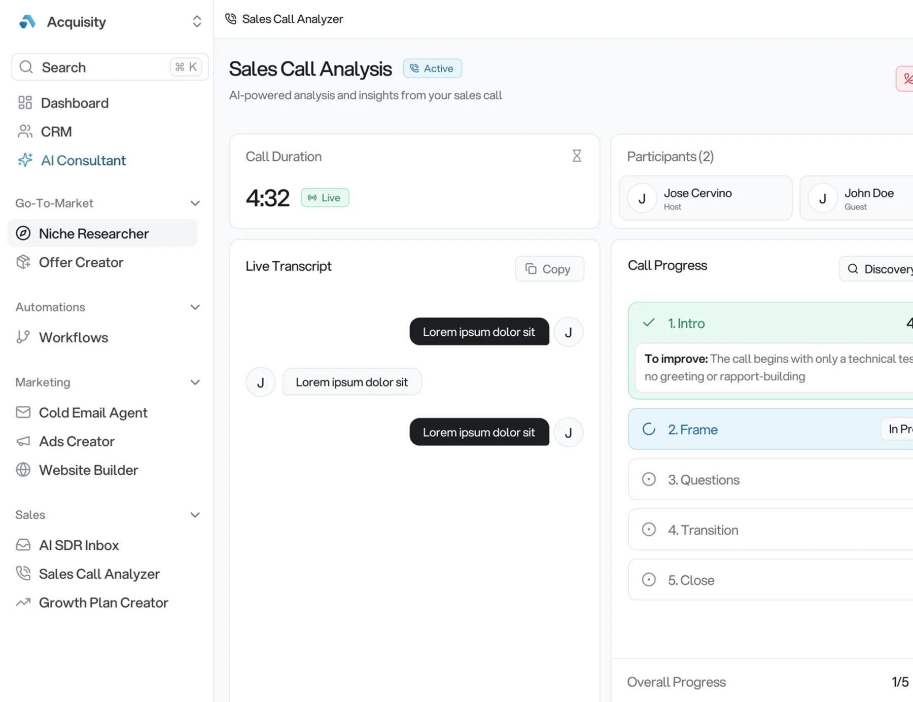 Acquisity AI Sales Call Analyzer showing live transcript, call duration, participant info, and call progress scoring with feedback