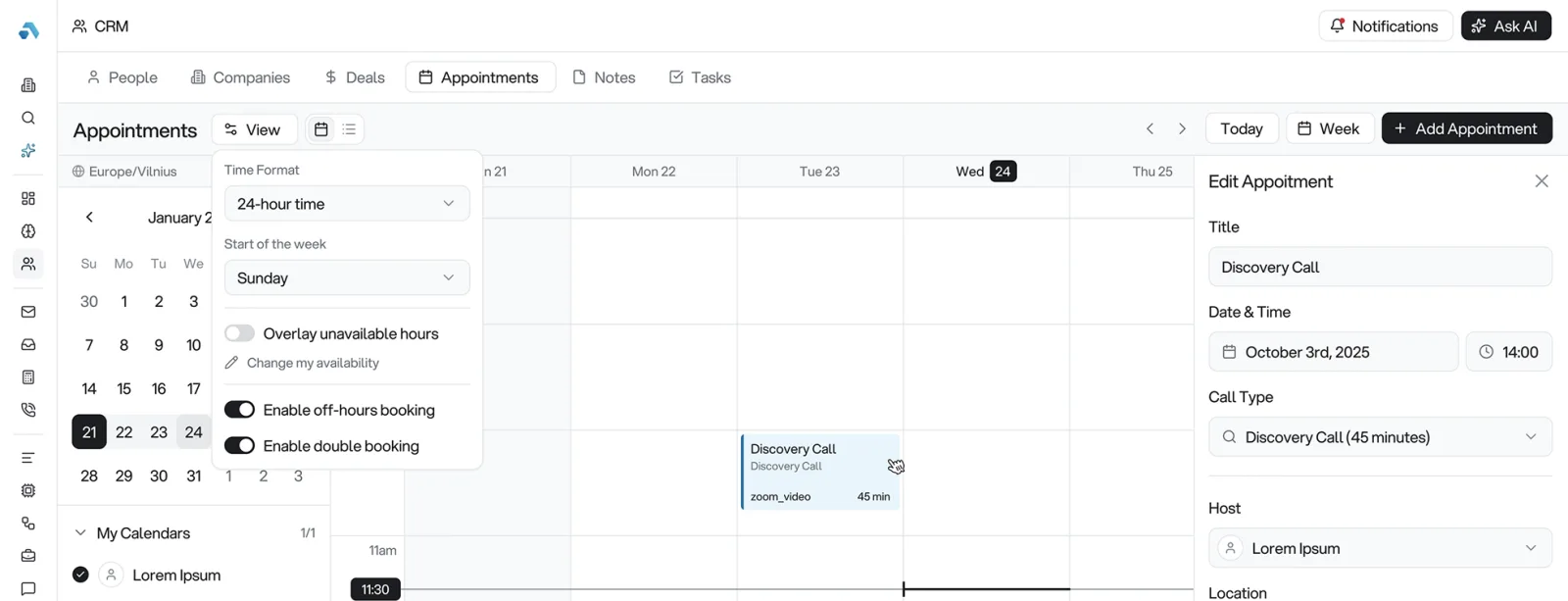 Acquisity calendar with appointment scheduling showing availability management and reminder settings