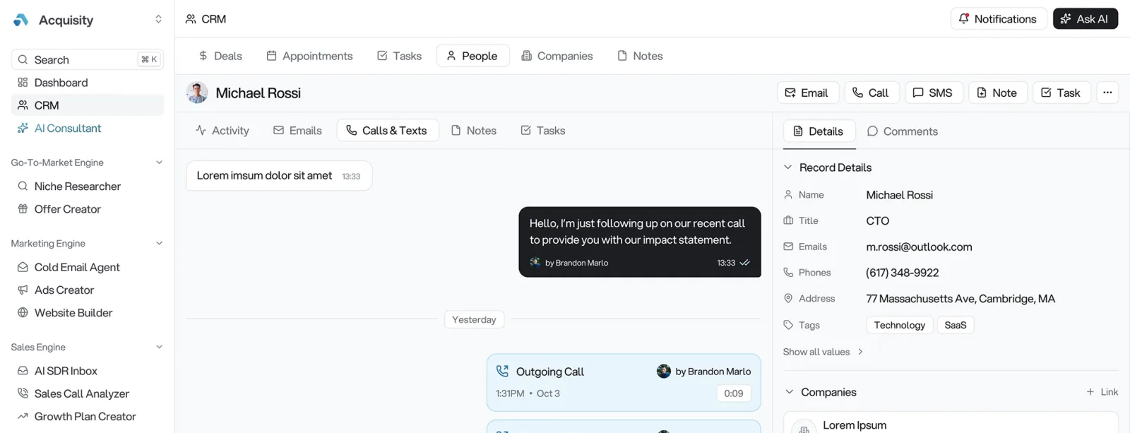Acquisity CRM contact detail view showing instant AI-generated reply to a prospect with call and email options